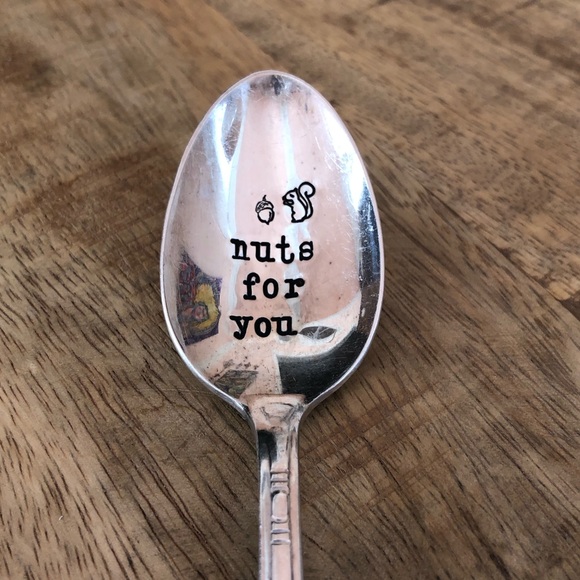 Hand-stamped silver plated vintage spoon saying “nuts for you” with 🐿️ & acorn - Picture 13 of 14